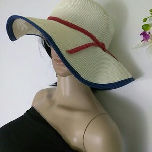 Fancy Summer Hat with Red Ribbon and Blue Edges